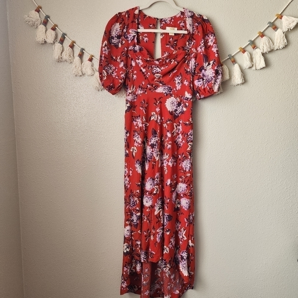 Anthropologie Maeve Mavis Puff Sleeve Floral Midi Dress Orange Boho Cottage 4